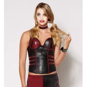 Harley Quinn DC comic Black & Red Faux Leather Corset Top halloween sexy dress u